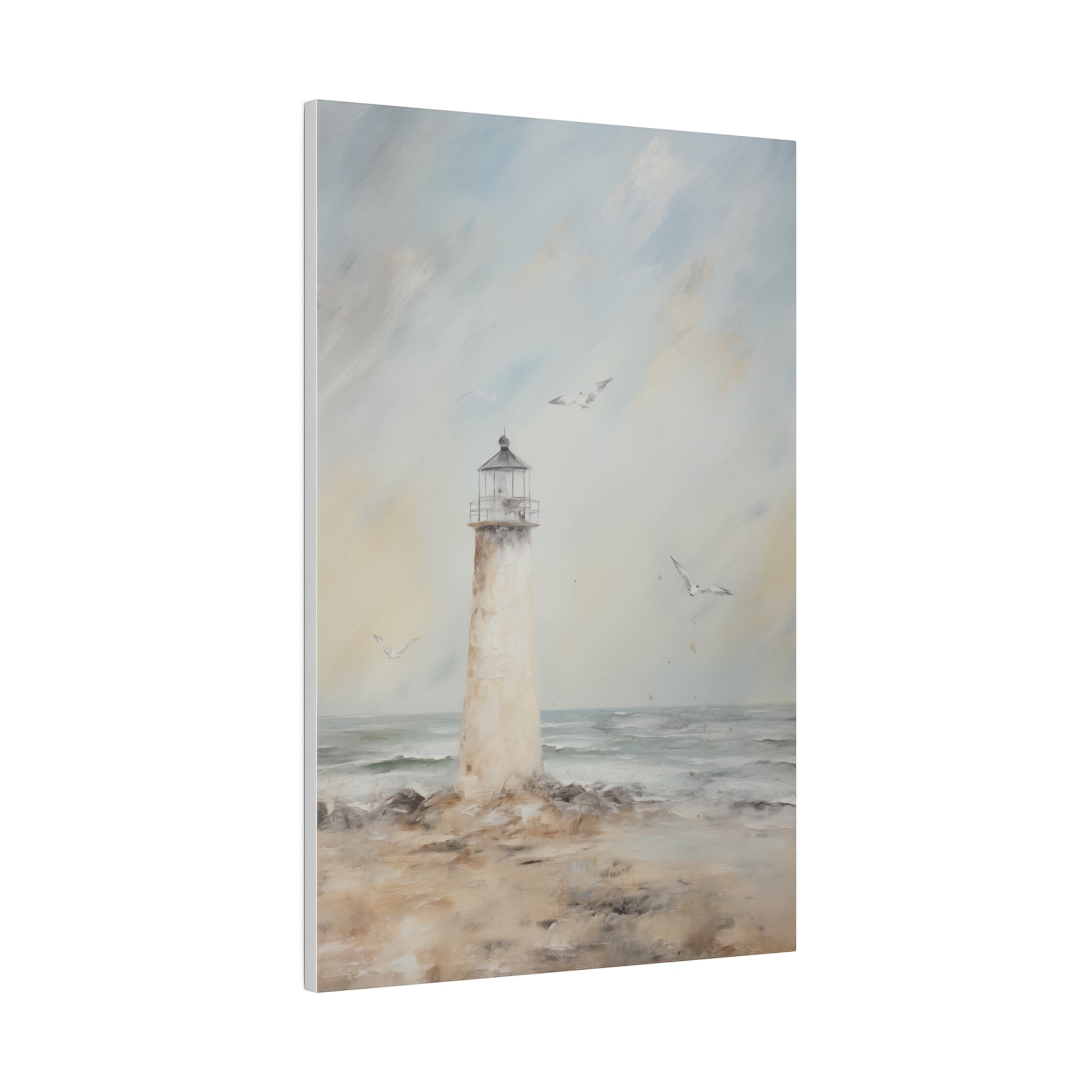 Seaside Lighthouse on the Beach Vintage Oil Painting Canvas Print 16″ x 24″ (Vertical) 0.75'' Canvas Art & Wall Decor Canvas Decor Eco-friendly Hanging Hardware Holiday Picks Home & Living Indoor Matte Seasonal Picks Sustainable Wall Wood