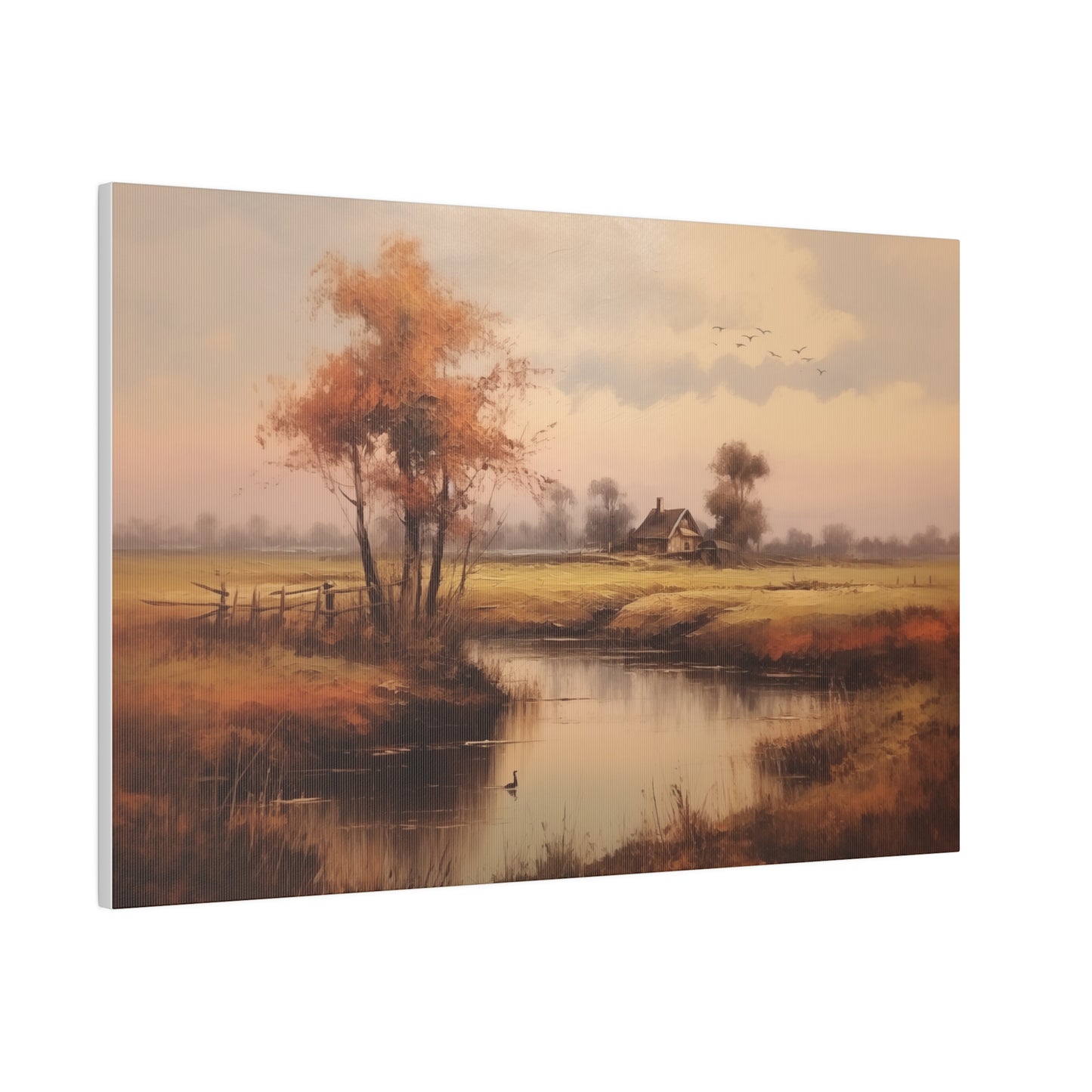 Cottage on a River Countryscape Vintage Oil Painting Canvas Print 24″ x 16″ (Horizontal) 0.75'' Canvas Art & Wall Decor Canvas Decor Eco-friendly Hanging Hardware Holiday Picks Home & Living Indoor Matte Seasonal Picks Sustainable Wall Wood