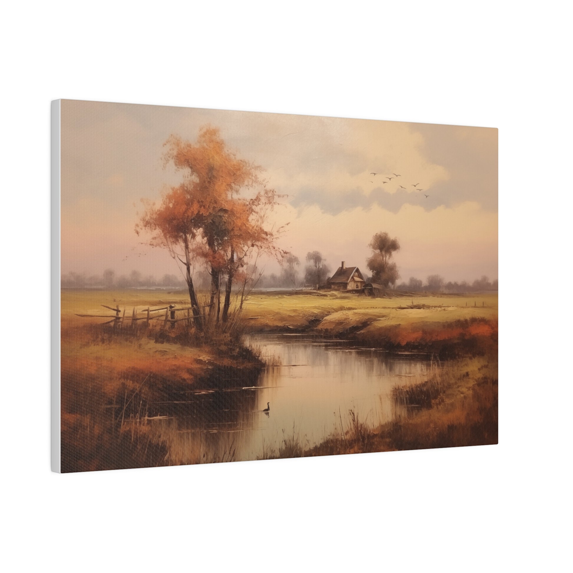 Cottage on a River Countryscape Vintage Oil Painting Canvas Print 18″ x 12″ (Horizontal) 0.75'' Canvas Art & Wall Decor Canvas Decor Eco-friendly Hanging Hardware Holiday Picks Home & Living Indoor Matte Seasonal Picks Sustainable Wall Wood