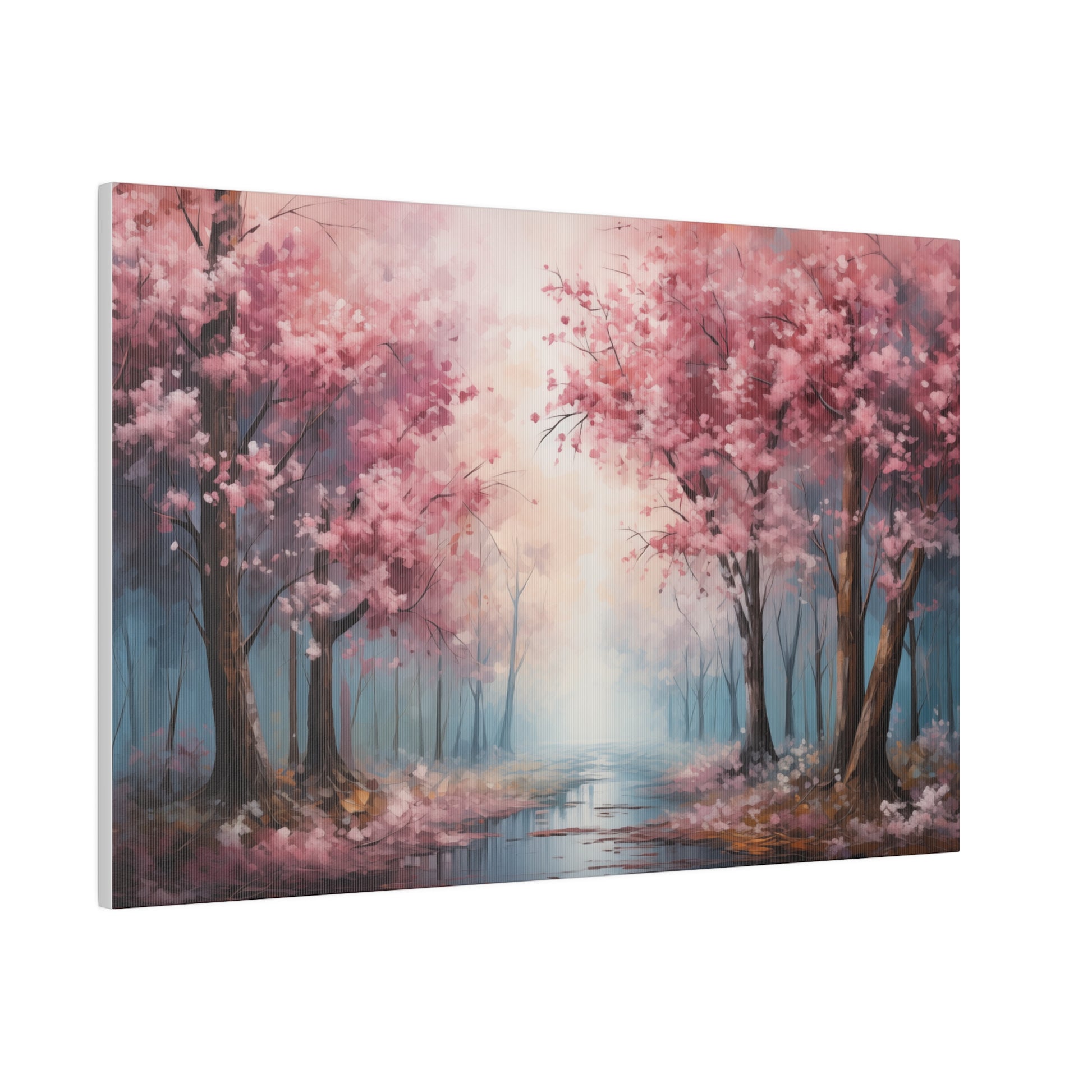 Cherry Blossom Trees Along River Spring Decor Wall Art Oil Painting Canvas Print 24″ x 16″ (Horizontal) 0.75'' Canvas Art & Wall Decor Canvas Decor Eco-friendly Hanging Hardware Holiday Picks Home & Living Indoor Matte Seasonal Picks Sustainable Wall Wood