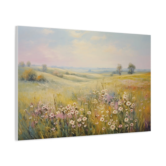 Spring Wildflowers in Rolling Hills Pastel Oil Painting Canvas Print