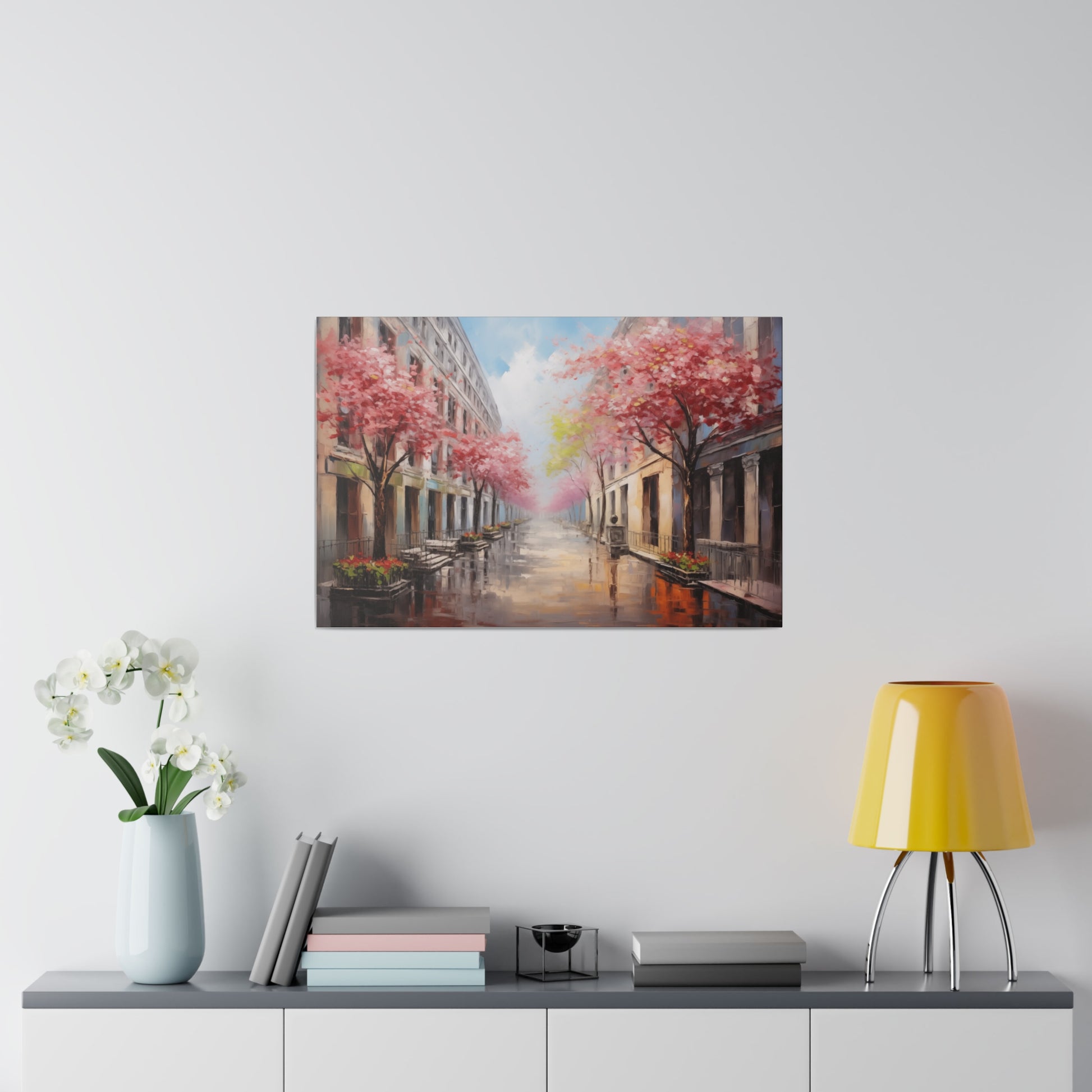 Spring Cherry Blossoms in the City Oil Painting Canvas Print Canvas Art & Wall Decor Canvas Decor Eco-friendly Hanging Hardware Holiday Picks Home & Living Indoor Matte Seasonal Picks Sustainable Wall Wood