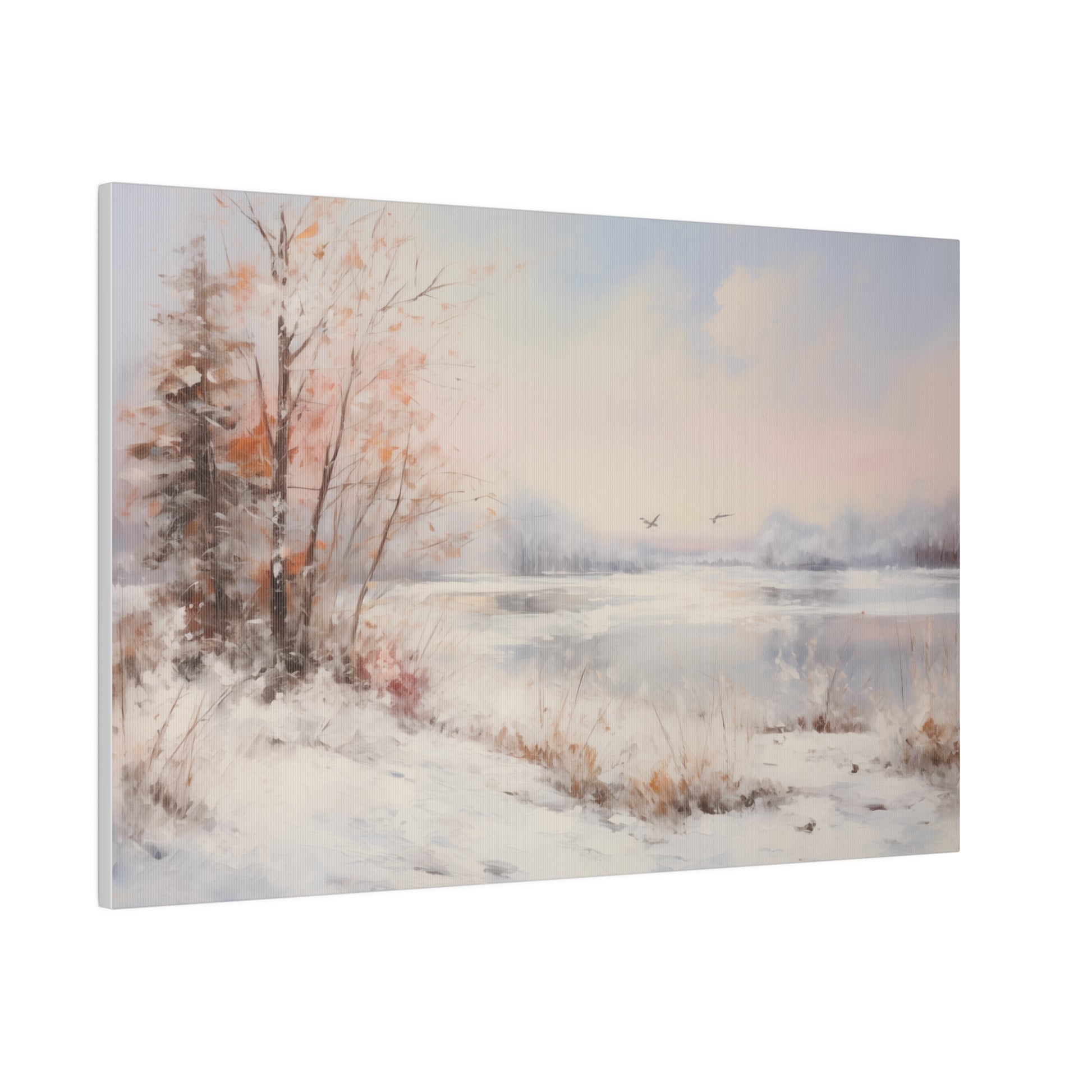 Winter Lake Landscape Vintage Oil Painting Canvas Print 24″ x 16″ (Horizontal) 0.75'' Canvas Art & Wall Decor Canvas Decor Eco-friendly Hanging Hardware Holiday Picks Home & Living Indoor Matte Seasonal Picks Sustainable Wall Wood