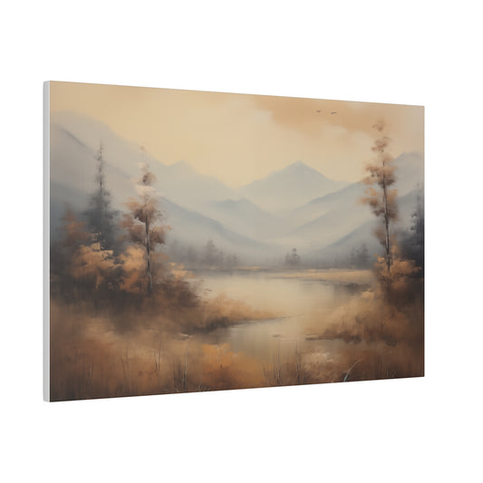 Rustic Lakeside Mountain Rage Vintage Oil Painting Canvas Print 24″ x 16″ (Horizontal) 0.75'' Canvas Art & Wall Decor Canvas Decor Eco-friendly Hanging Hardware Holiday Picks Home & Living Indoor Matte Seasonal Picks Sustainable Wall Wood