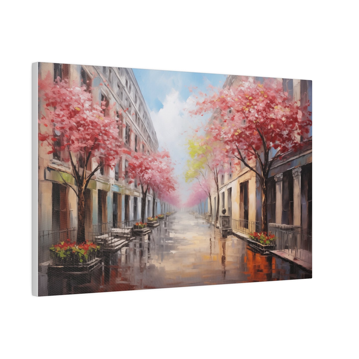 Spring Cherry Blossoms in the City Oil Painting Canvas Print 18″ x 12″ (Horizontal) 0.75'' Canvas Art & Wall Decor Canvas Decor Eco-friendly Hanging Hardware Holiday Picks Home & Living Indoor Matte Seasonal Picks Sustainable Wall Wood