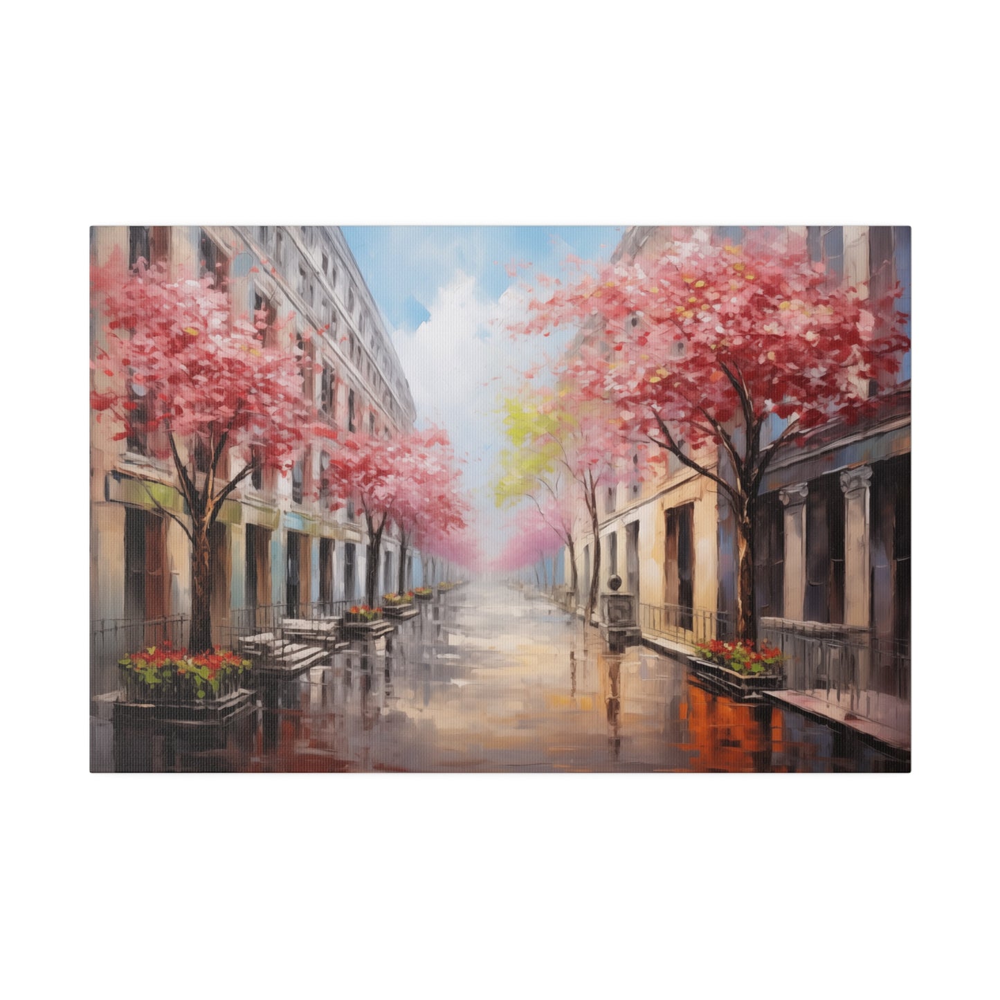 Spring Cherry Blossoms in the City Oil Painting Canvas Print Canvas Art & Wall Decor Canvas Decor Eco-friendly Hanging Hardware Holiday Picks Home & Living Indoor Matte Seasonal Picks Sustainable Wall Wood