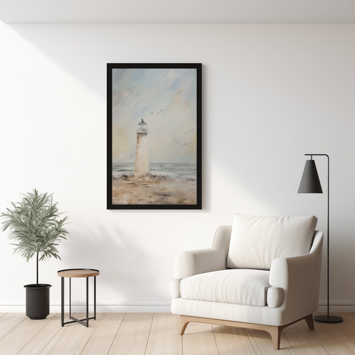 Seaside Lighthouse on the Beach Printable Vintage Oil Painting Digital Download