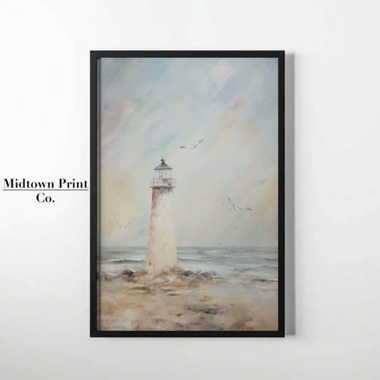 Seaside Lighthouse on the Beach Printable Vintage Oil Painting Digital Download beach_decor beach_wall_art digital digital_art_print downloadable_art landscape living_room_decor MidtownPrintCo modern_decor oil_painting printable_wall_art vintage_home_decor vintage_print wall_art