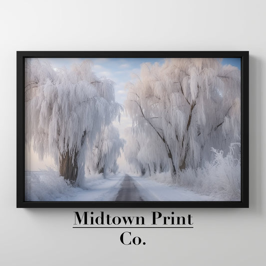 Winter Frozen Willow Trees Along Country Road Printable Oil Painting Wall Art Digital Download countryside_art digital digital_art_print downloadable_art landscape_wall_art living_room_decor modern_decor oil_painting printable_wall_art vintage_home_decor vintage_print winter_art winter_decor winter_landscape