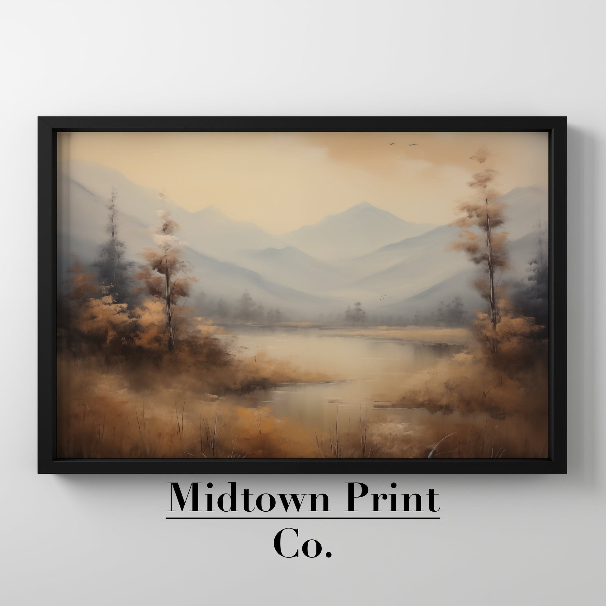 Rustic Lakeside Mountain Rage Vintage Printable Oil Painting Digital Download countryside_art digital digital_art_print downloadable_art farmhouse_decor landscape_wall_art living_room_decor midtownprintco modern_decor oil_painting printable_wall_art vintage_home_decor vintage_print wall_art