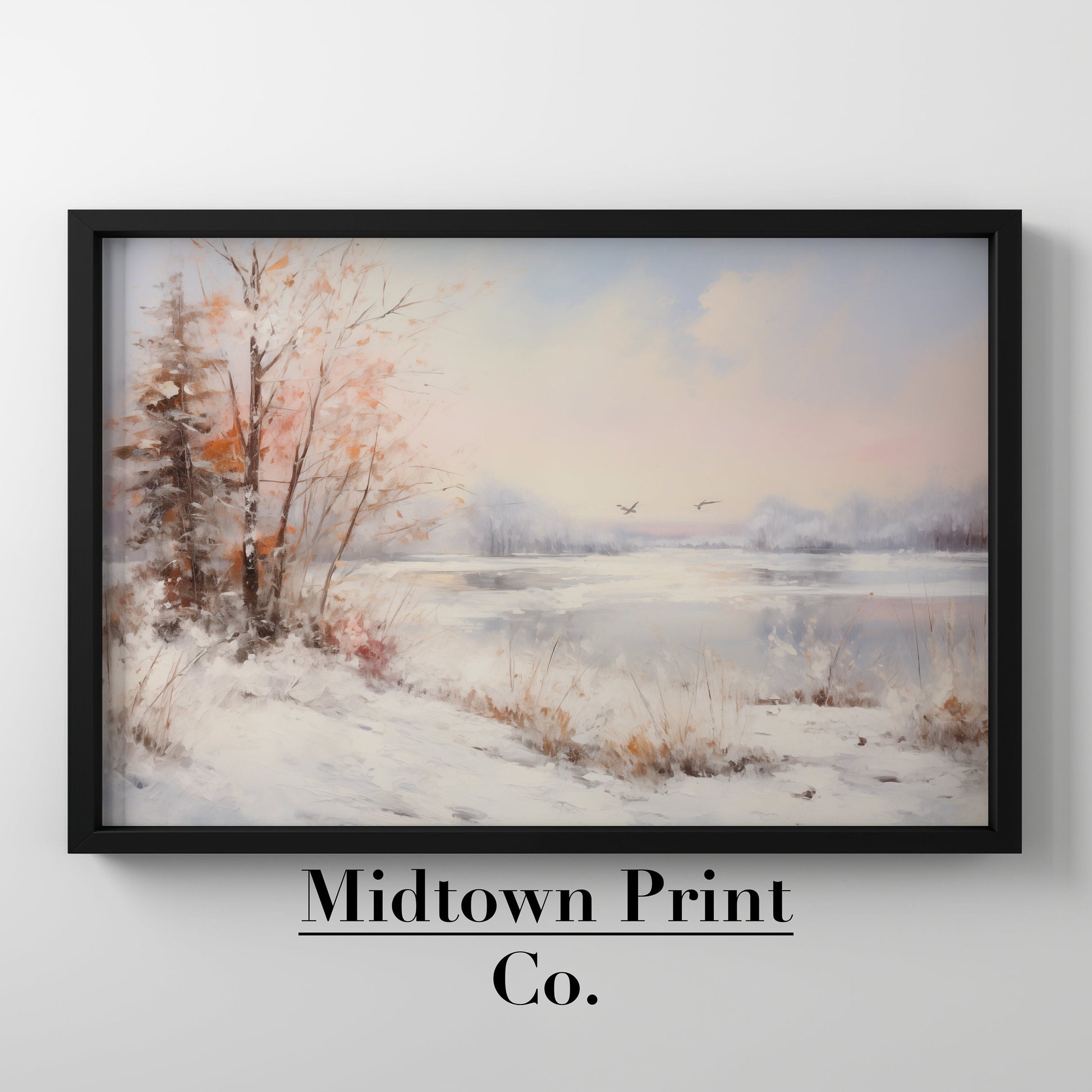 Winter Lake Landscape Printable Vintage Oil Painting Digital Download countryside_art digital digital_art_print downloadable_art landscape_wall_art living_room_decor modern_decor oil_painting printable_wall_art vintage_home_decor vintage_print winter_art winter_decor winter_landscape