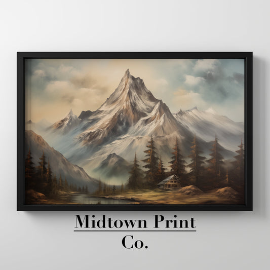 Mountainside Cottage Rustic Vintage Printable Oil Painting Digital Download countryside_art digital digital_art_print downloadable_art landscape_wall_art living_room_decor oil_painting printable_wall_art vintage_home_decor vintage_print wall_art winter_art winter_decor winter_landscape