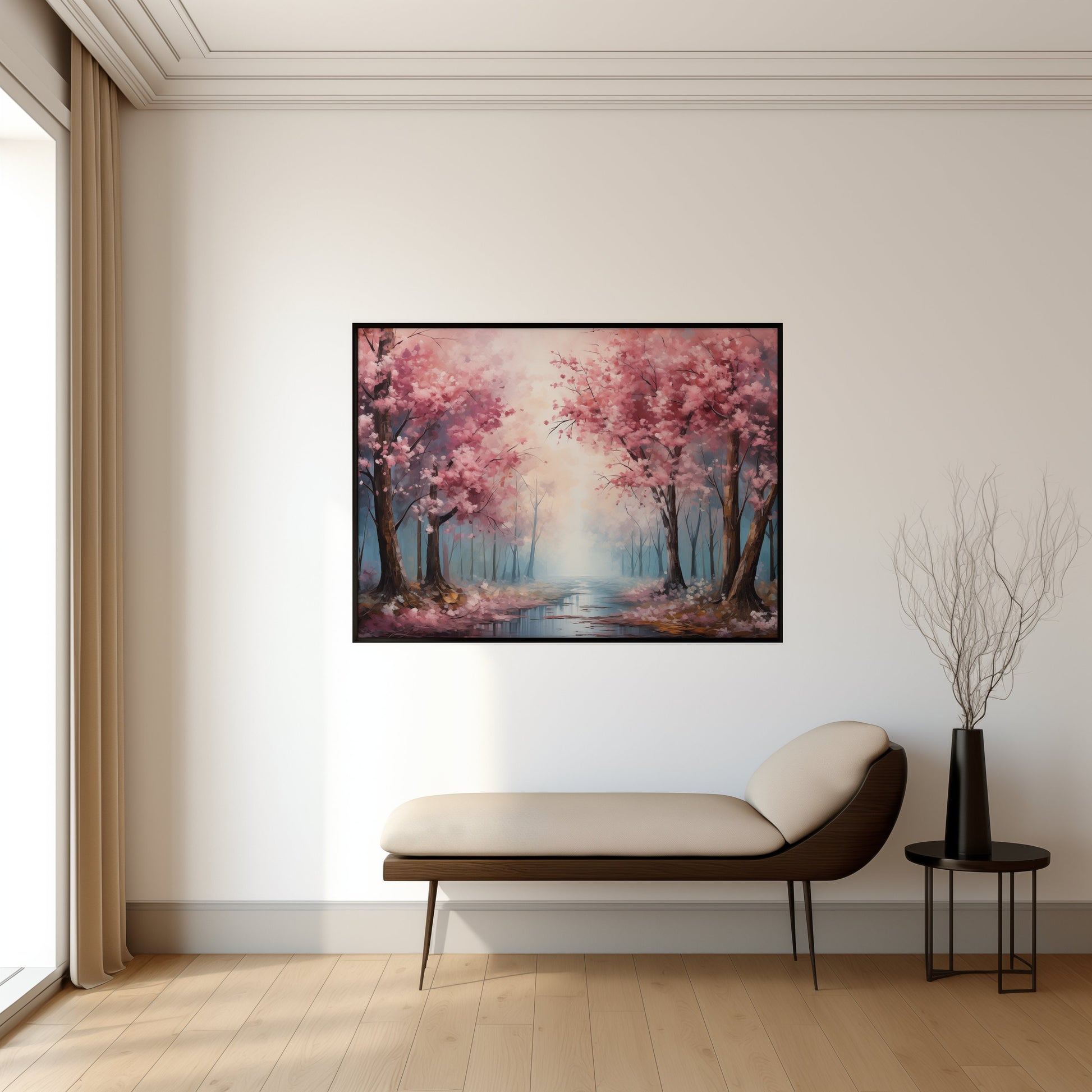 Cherry Blossom Trees Along River Spring Decor Wall Art Oil Painting Digital Download Cherry_Blossom_Print digital digital_prints downloadable_prints easter_decor farmhouse_decor Landscape_Painting modern_decor printable_wall_art spring_decor spring_landscape spring_wall_art vintage_spring_decor wall_art