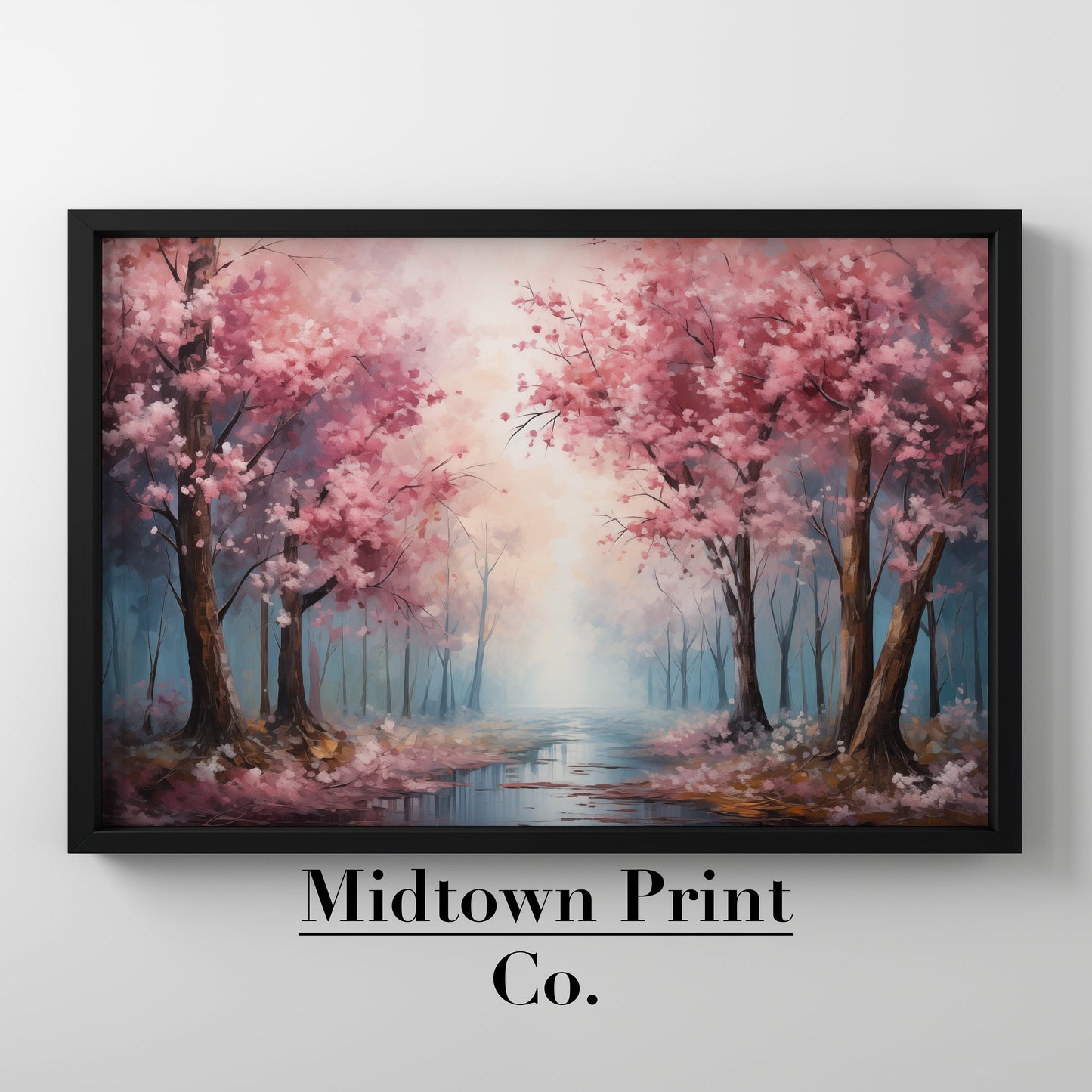 Cherry Blossom Trees Along River Spring Decor Wall Art Oil Painting Digital Download Cherry_Blossom_Print digital digital_prints downloadable_prints easter_decor farmhouse_decor Landscape_Painting modern_decor printable_wall_art spring_decor spring_landscape spring_wall_art vintage_spring_decor wall_art